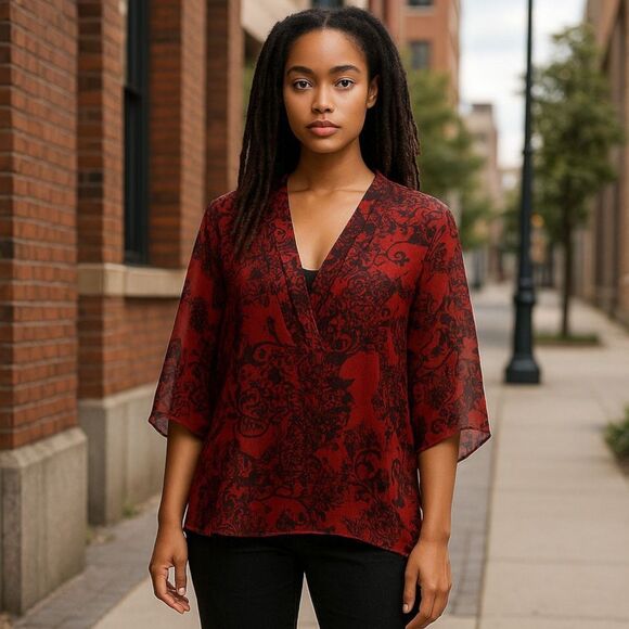 Catherines Women’s Size 2x Red Black Top Deep V-neck Pleated Flowy - Picture 1 of 10